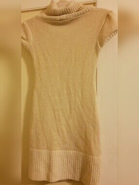 Hera Sz S Ivory+ Gold Knit Turtleneck Short Sleeve Bodycon Sweater Mini Dress